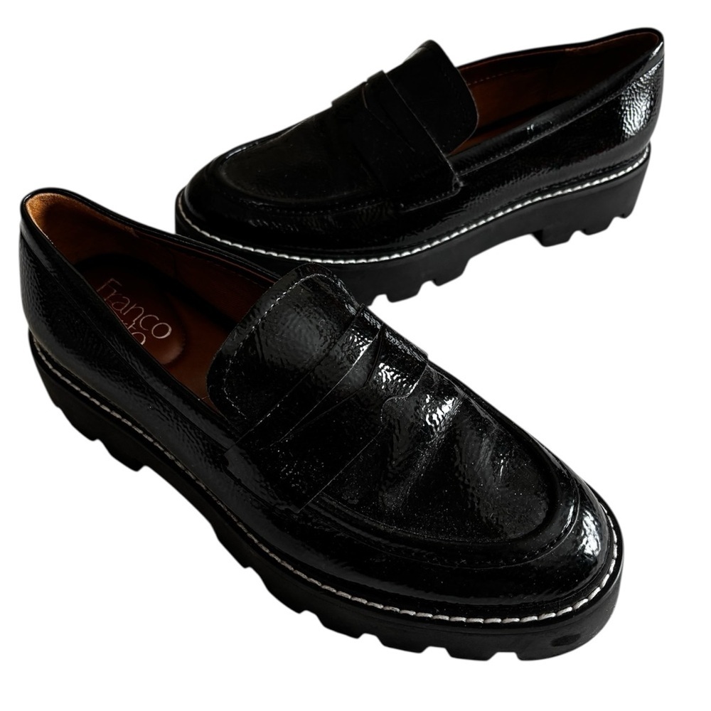 Franco Sarto Loafers Balin Lug Sole Penny Glossy Black Leather Size 6,5
